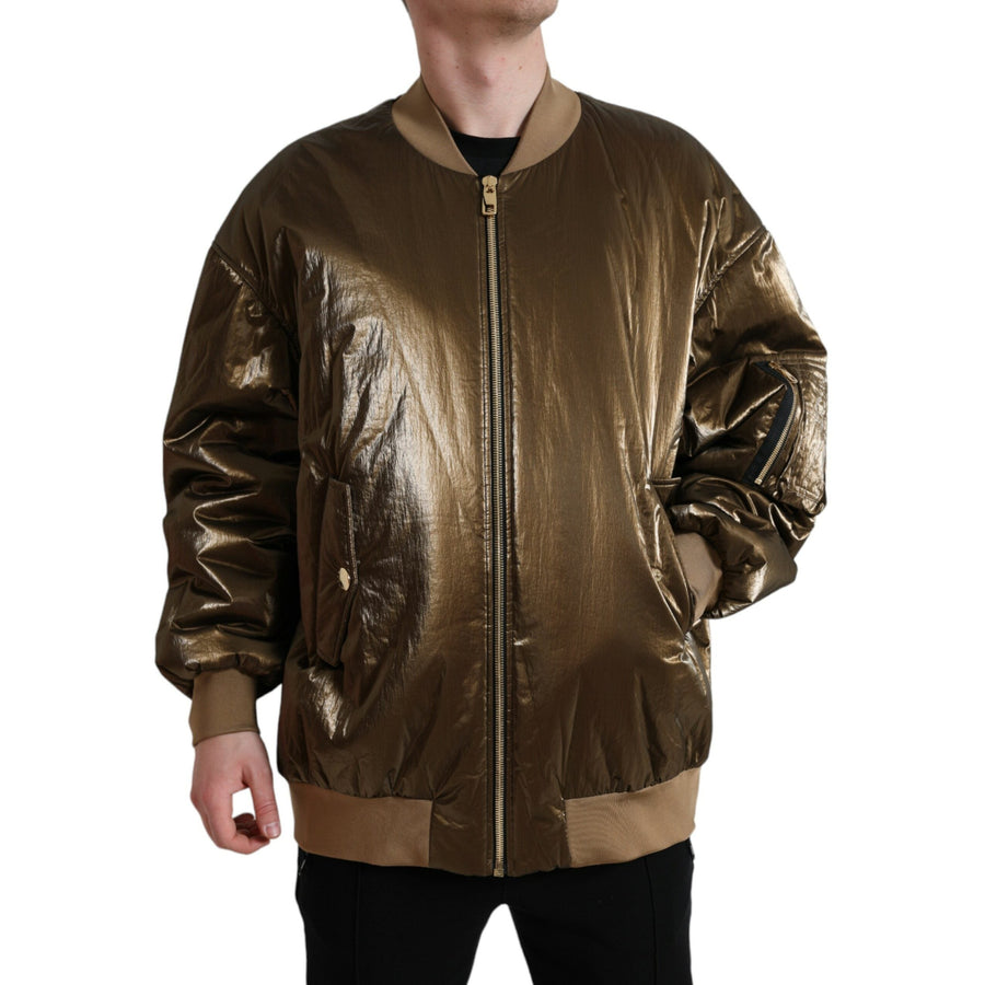 Dolce & Gabbana Bronze Nylon Full Zip Men Bomber Jacket