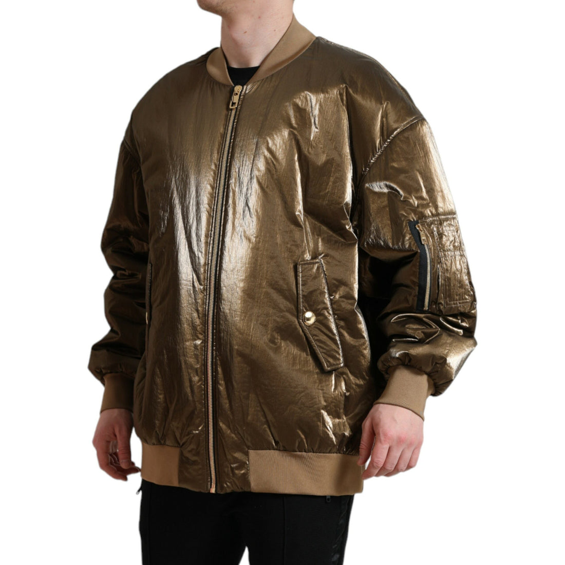 Dolce & Gabbana Bronze Nylon Full Zip Men Bomber Jacket