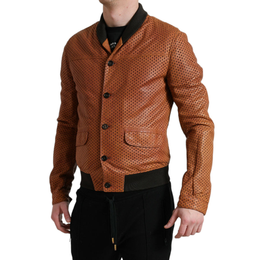 Dolce & Gabbana Brown Lambskin Leather Perforated Jacket