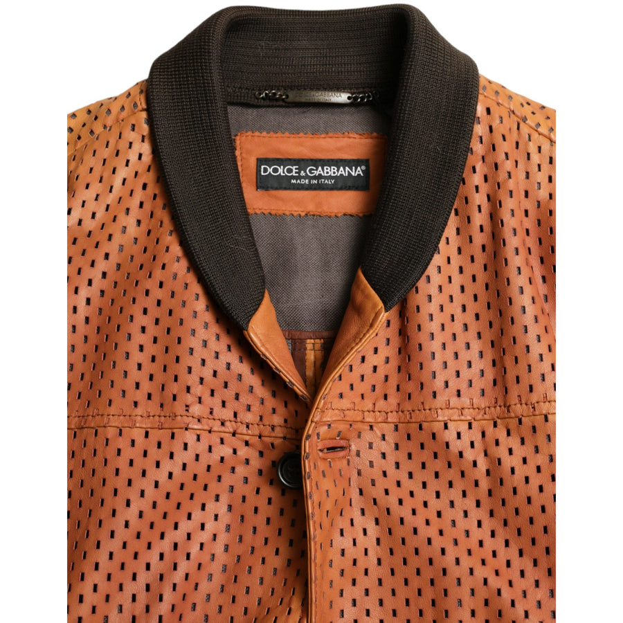 Dolce & Gabbana Brown Lambskin Leather Perforated Jacket