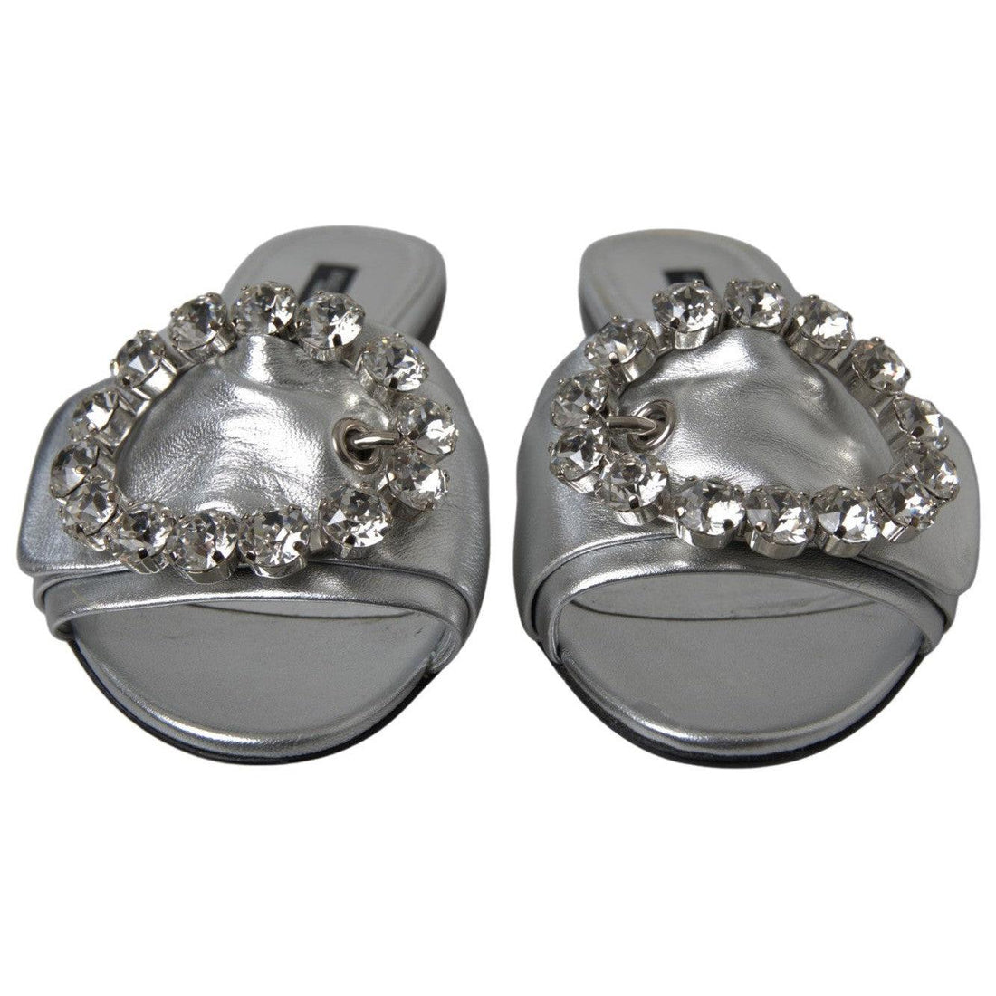 Dolce & Gabbana Crystal-Embellished Silver Leather Slides