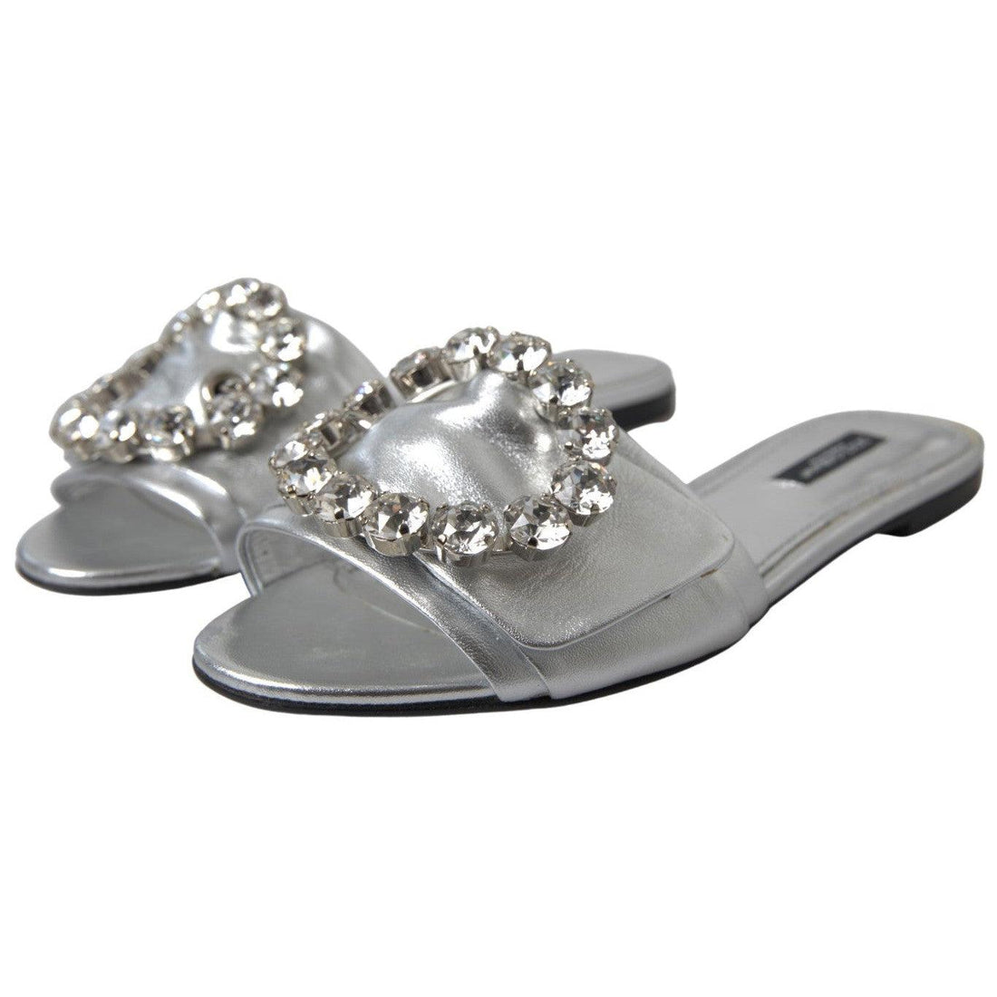 Dolce & Gabbana Crystal-Embellished Silver Leather Slides