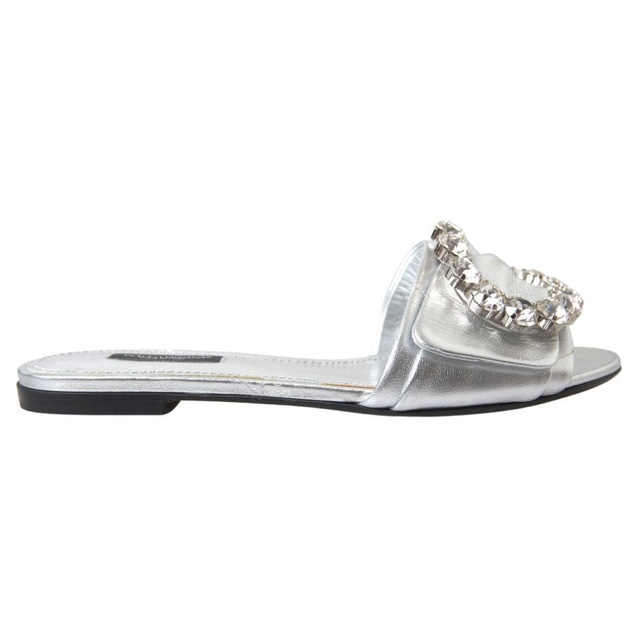 Dolce & Gabbana Crystal-Embellished Silver Leather Slides