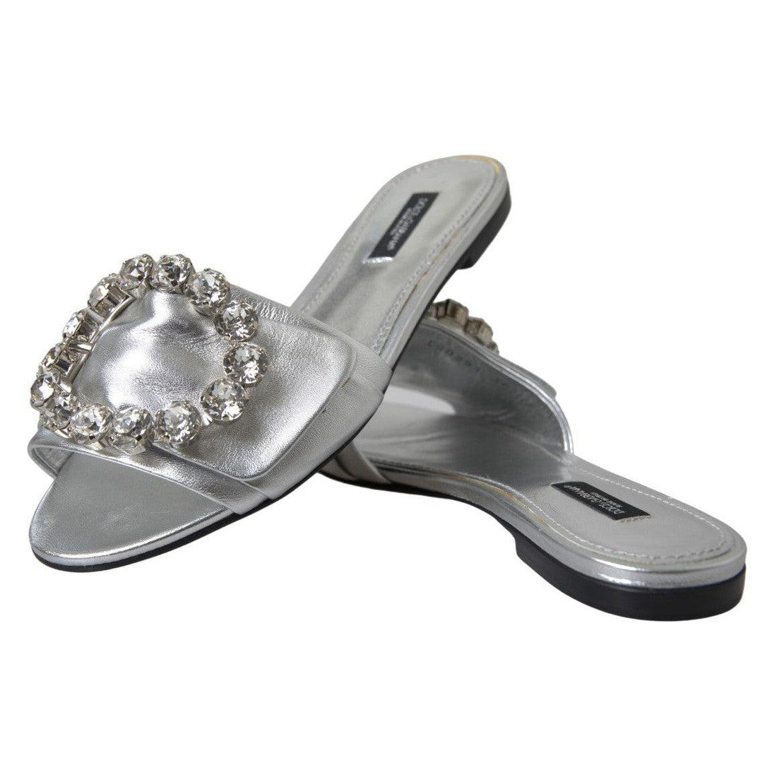 Dolce & Gabbana Crystal-Embellished Silver Leather Slides