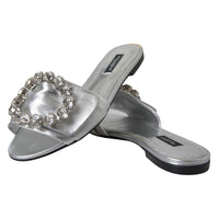 Dolce & Gabbana Crystal-Embellished Silver Leather Slides