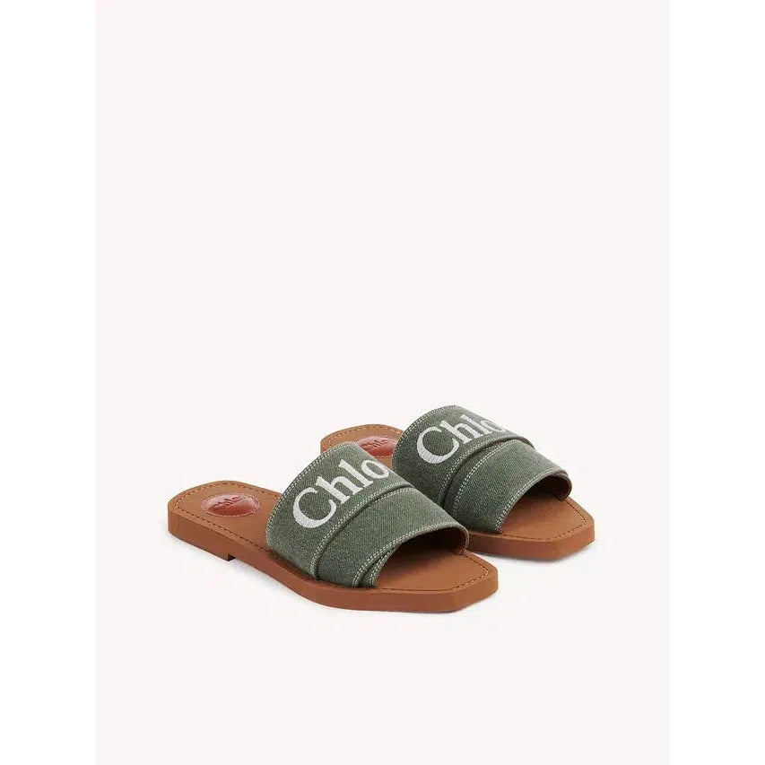 Chloé Elegant Forest Green Cotton Slides