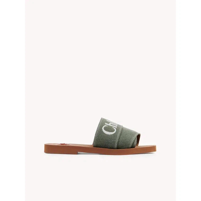 Chloé Elegant Forest Green Cotton Slides