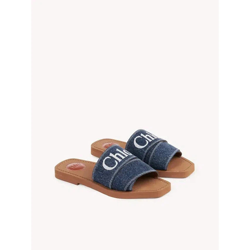 Chloé Sumptuous Cotton Woody Slide Sandals in Denim Blue