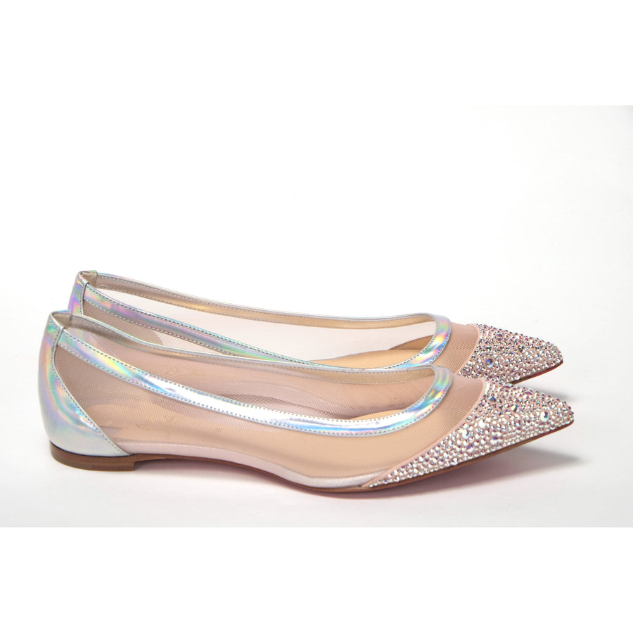 Christian Louboutin Silver Rose Flat Point Crystals Toe Shoe