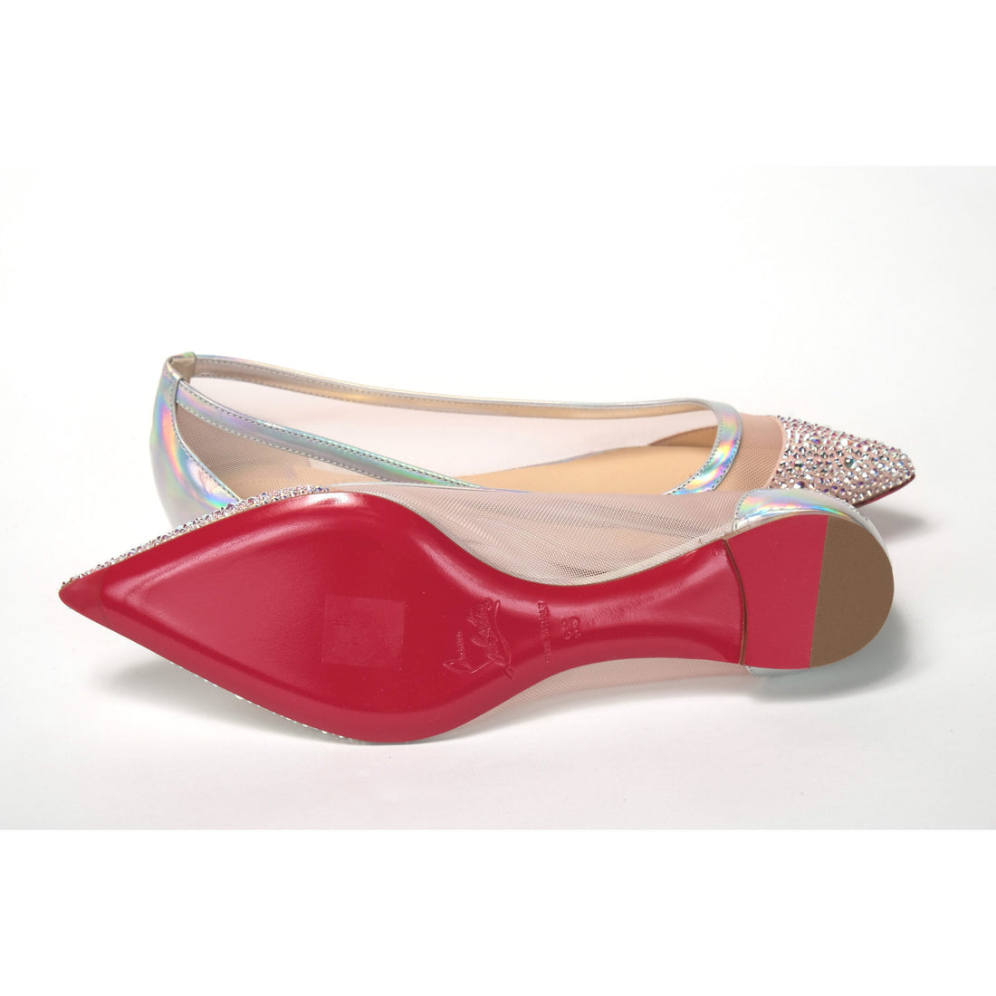 Christian Louboutin Silver Rose Flat Point Crystals Toe Shoe