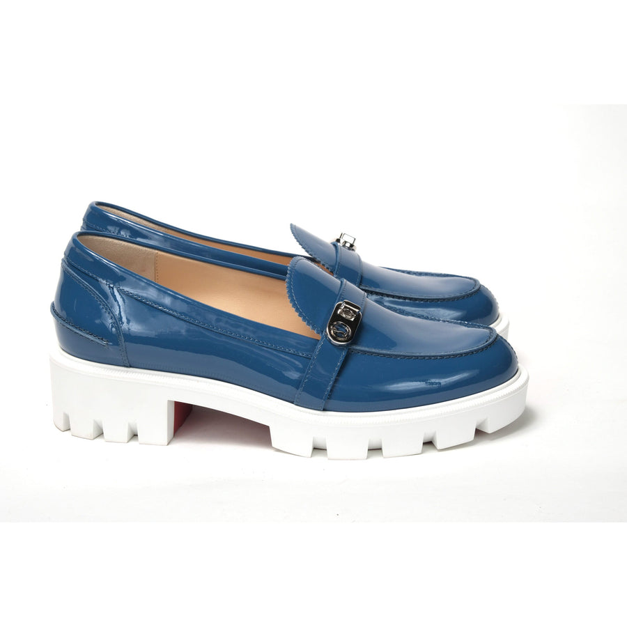 Christian Louboutin Blue And White Silver Logo Lock Boat Shoe