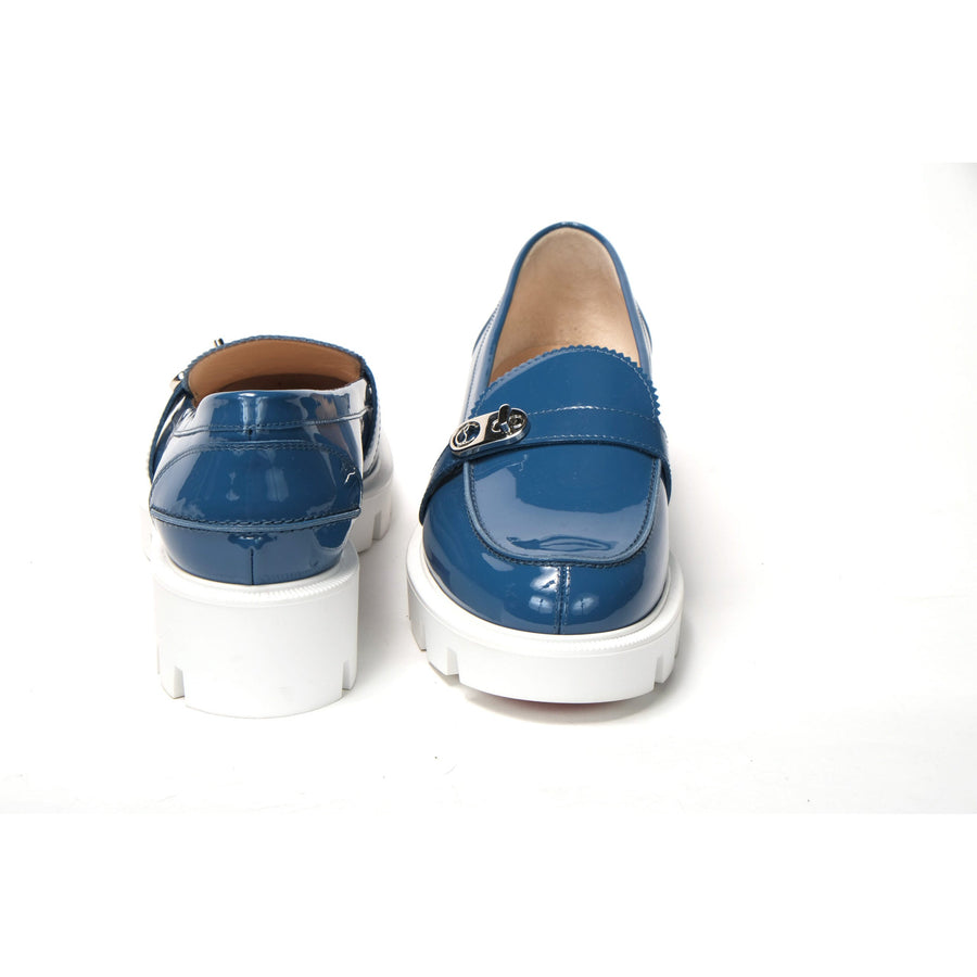 Christian Louboutin Blue And White Silver Logo Lock Boat Shoe