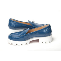 Christian Louboutin Blue And White Silver Logo Lock Boat Shoe