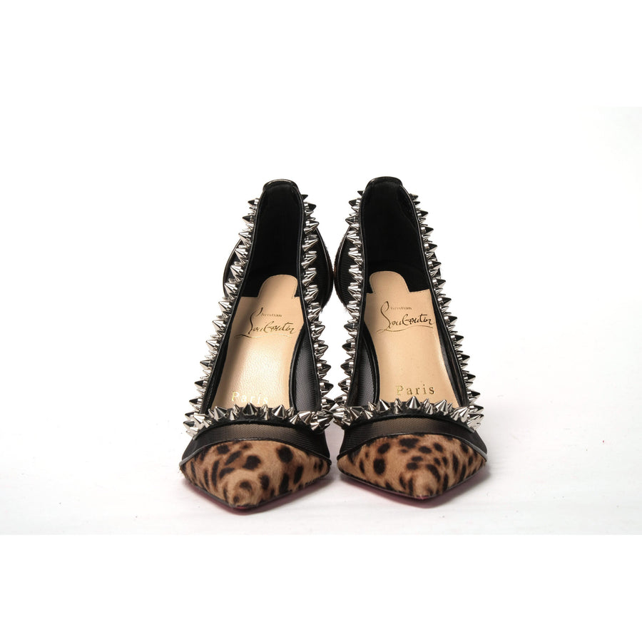 Christian Louboutin Brown Silver Leopard  Nappa And Mesh Studded High Heels Pumps