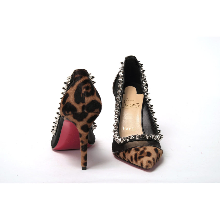 Christian Louboutin Brown Silver Leopard  Nappa And Mesh Studded High Heels Pumps