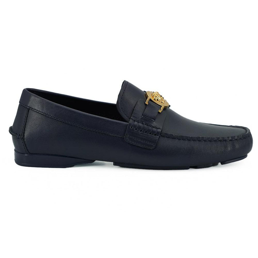 Versace Elegant Navy Blue Calf Leather Loafers