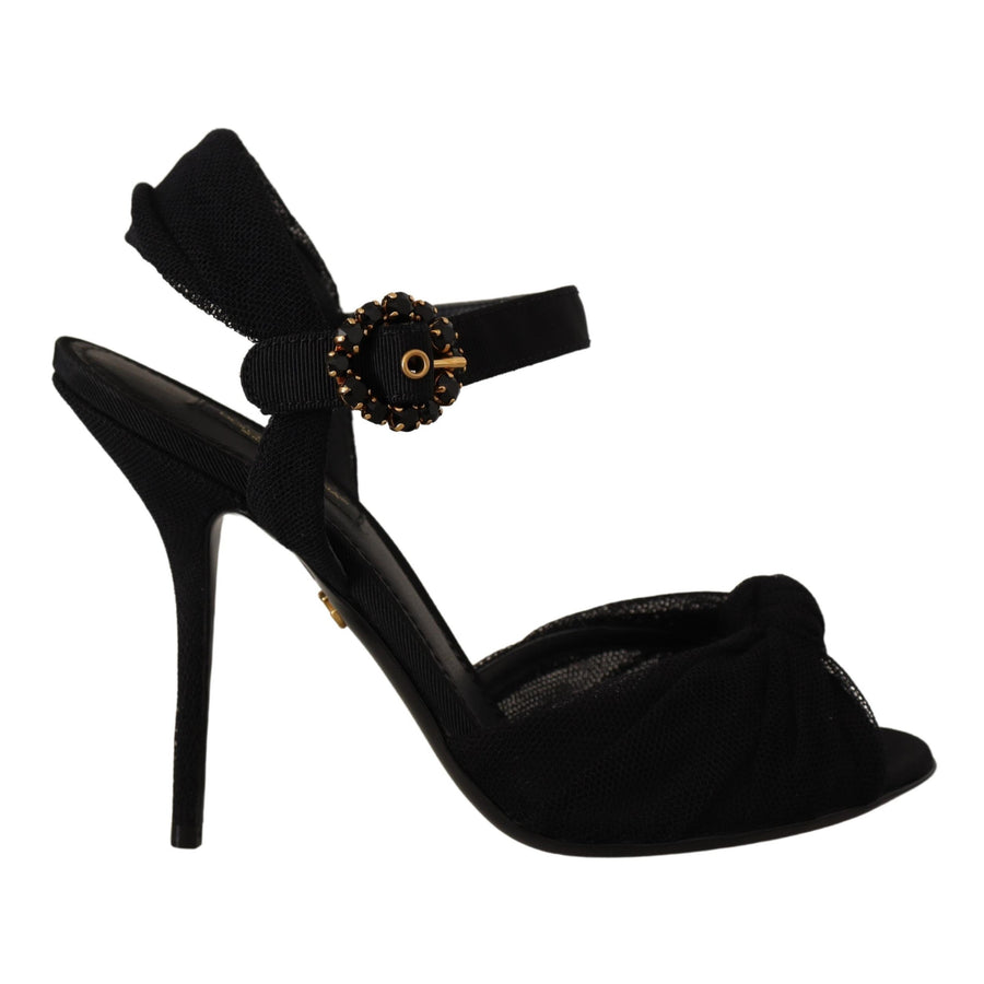 Dolce & Gabbana Black Tulle Ankle Strap Heels with Crystal Buckle