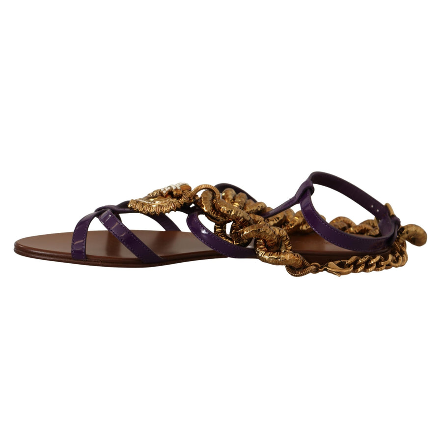 Dolce & Gabbana Purple Leather Devotion Flats Sandals Shoes