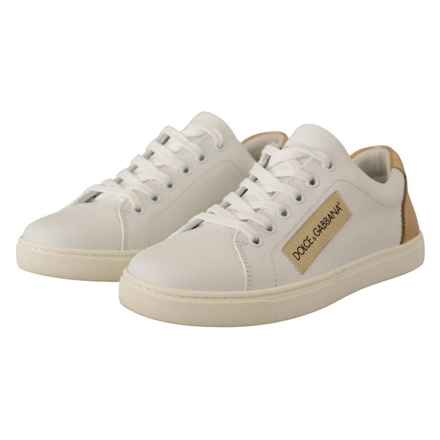 Dolce & Gabbana Elegant White Leather Sneakers with Gold Accents