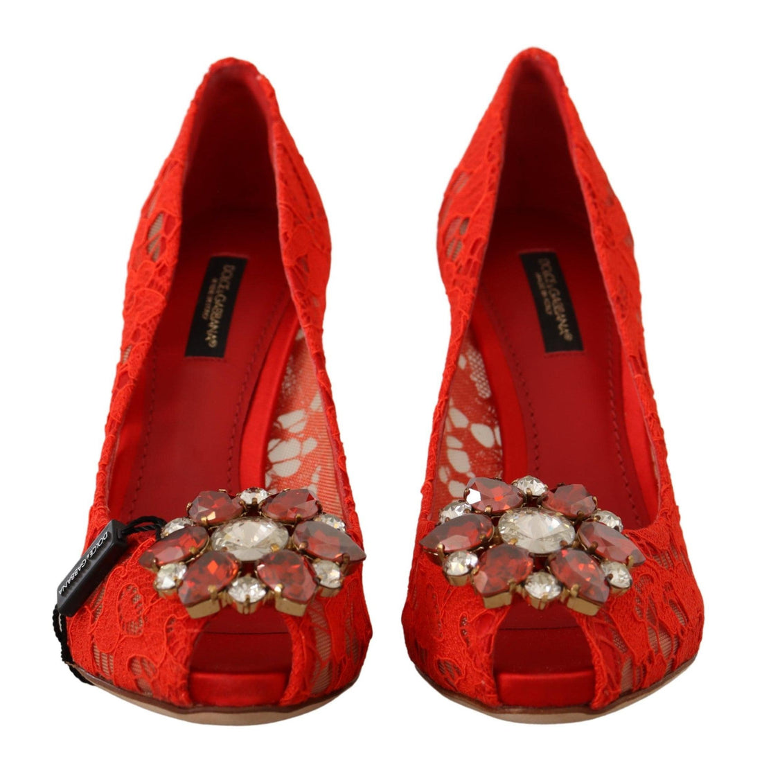 Dolce & Gabbana Red Crystal Taormina Lace Heels Pumps