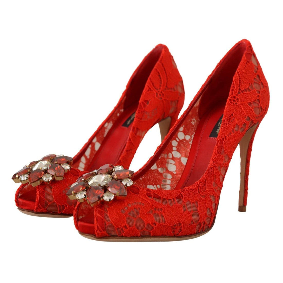 Dolce & Gabbana Red Crystal Taormina Lace Heels Pumps