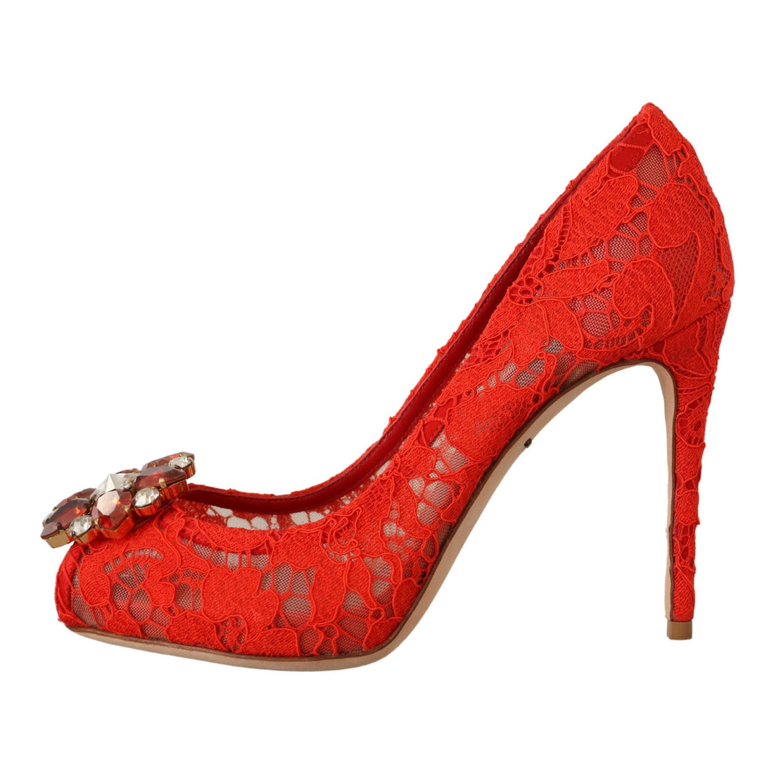 Dolce & Gabbana Red Crystal Taormina Lace Heels Pumps