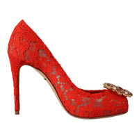 Dolce & Gabbana Red Crystal Taormina Lace Heels Pumps