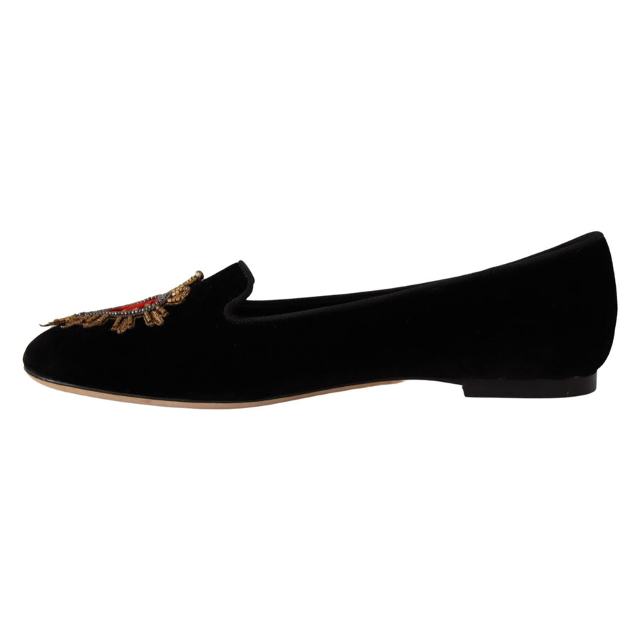 Dolce & Gabbana Black DG Sacred Heart Patch Slip On Flat Shoes