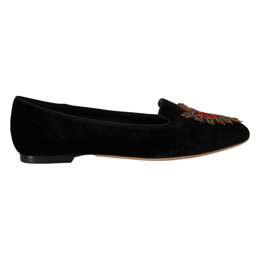 Dolce & Gabbana Black DG Sacred Heart Patch Slip On Flat Shoes