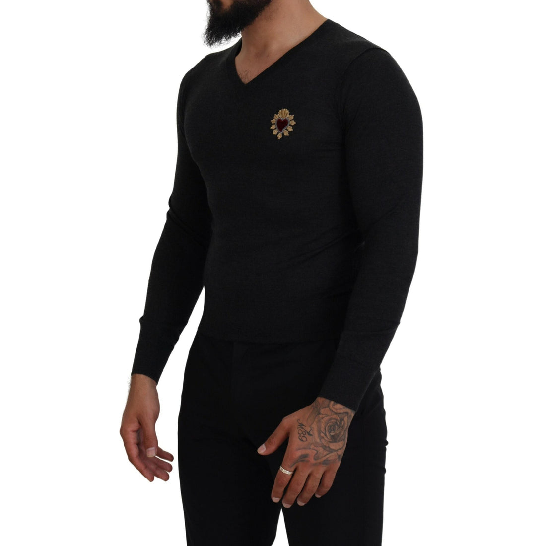 Dolce & Gabbana V-Neck Cashmere Sweater with Heart Embroidery