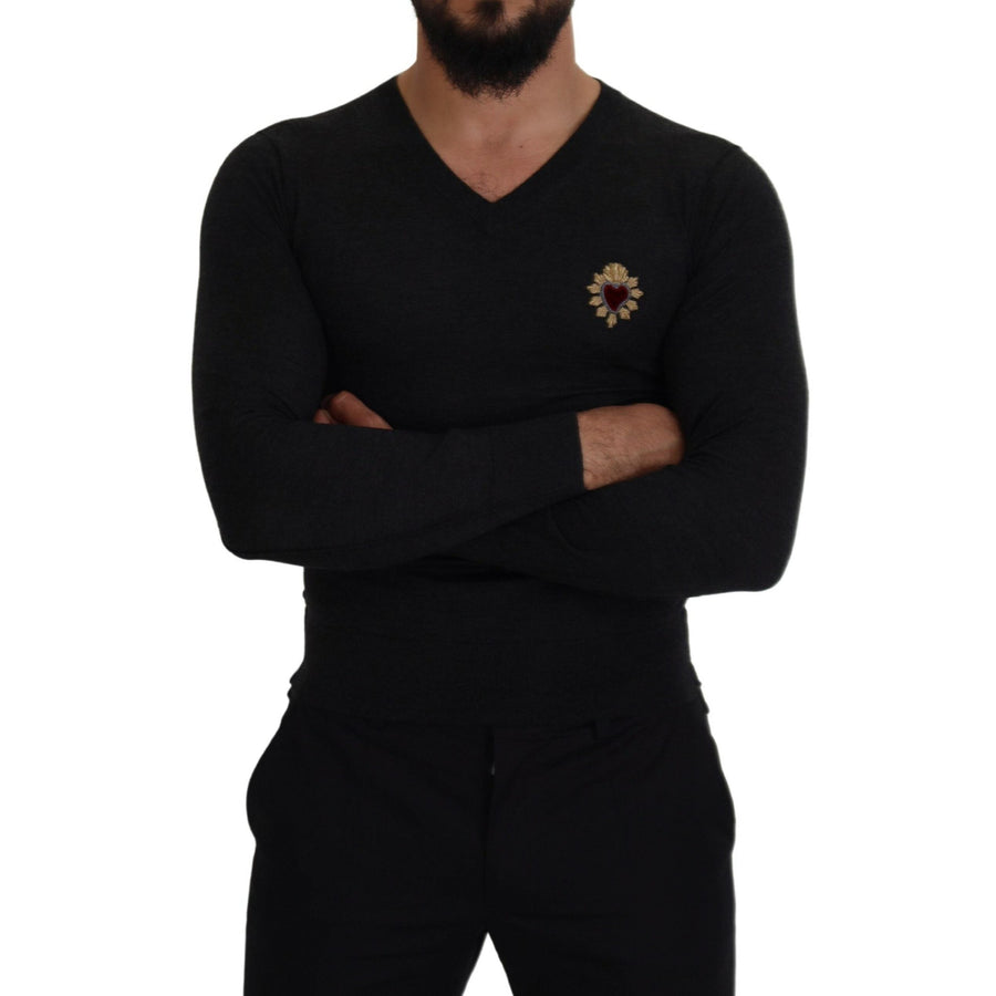 Dolce & Gabbana V-Neck Cashmere Sweater with Heart Embroidery