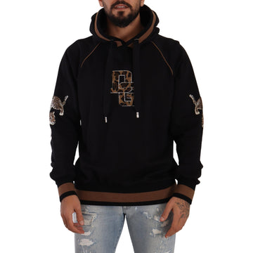 Dolce & Gabbana Black Brown Leopard Cotton Hooded Pullover Sweater