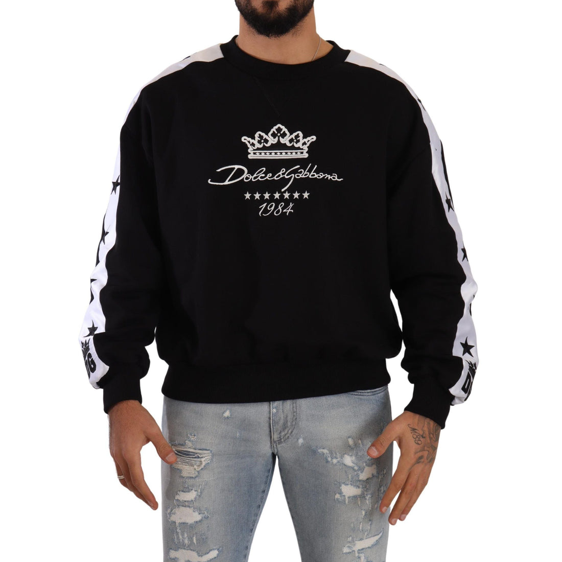 Dolce & Gabbana Black Cotton Crewneck Crown 1984 Stars Pullover Black