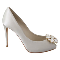 Dolce & Gabbana White Crystal Peep Toe Silk Blend Heels