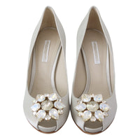 Dolce & Gabbana White Crystal Peep Toe Silk Blend Heels