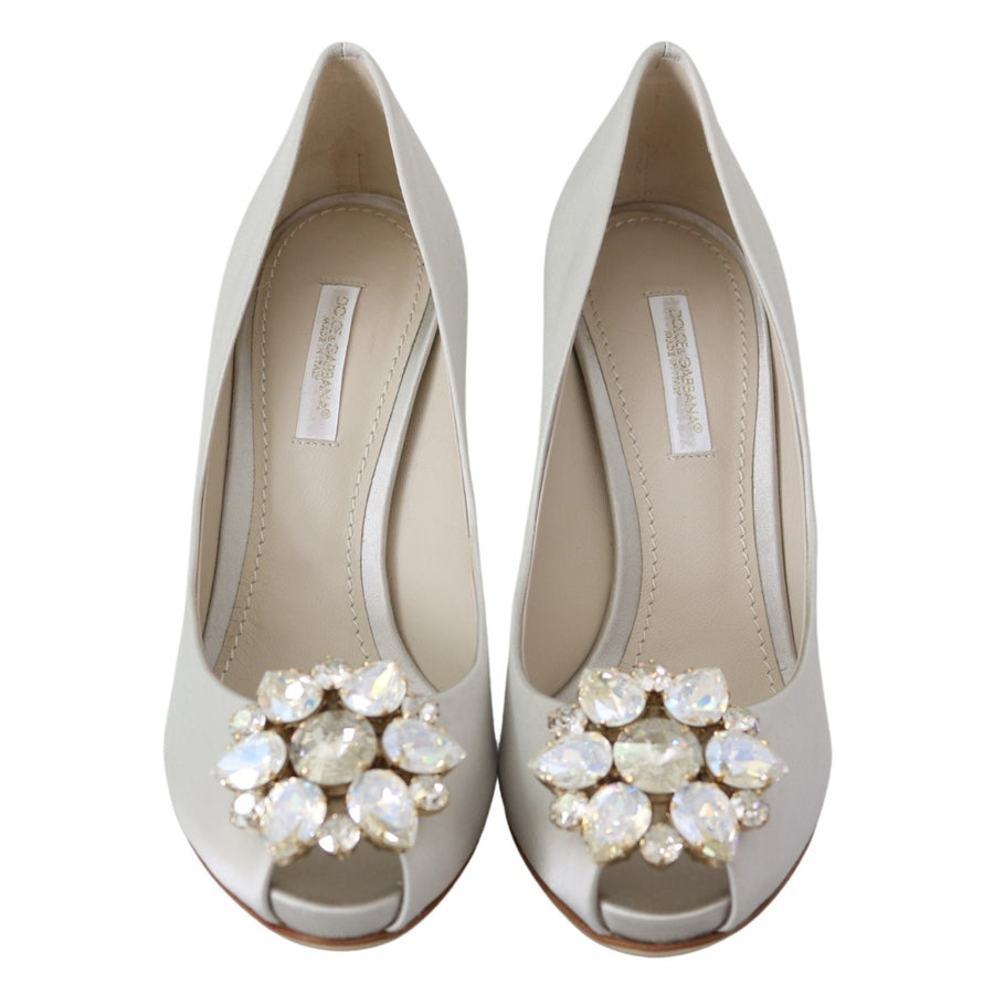 Dolce & Gabbana White Crystal Peep Toe Silk Blend Heels