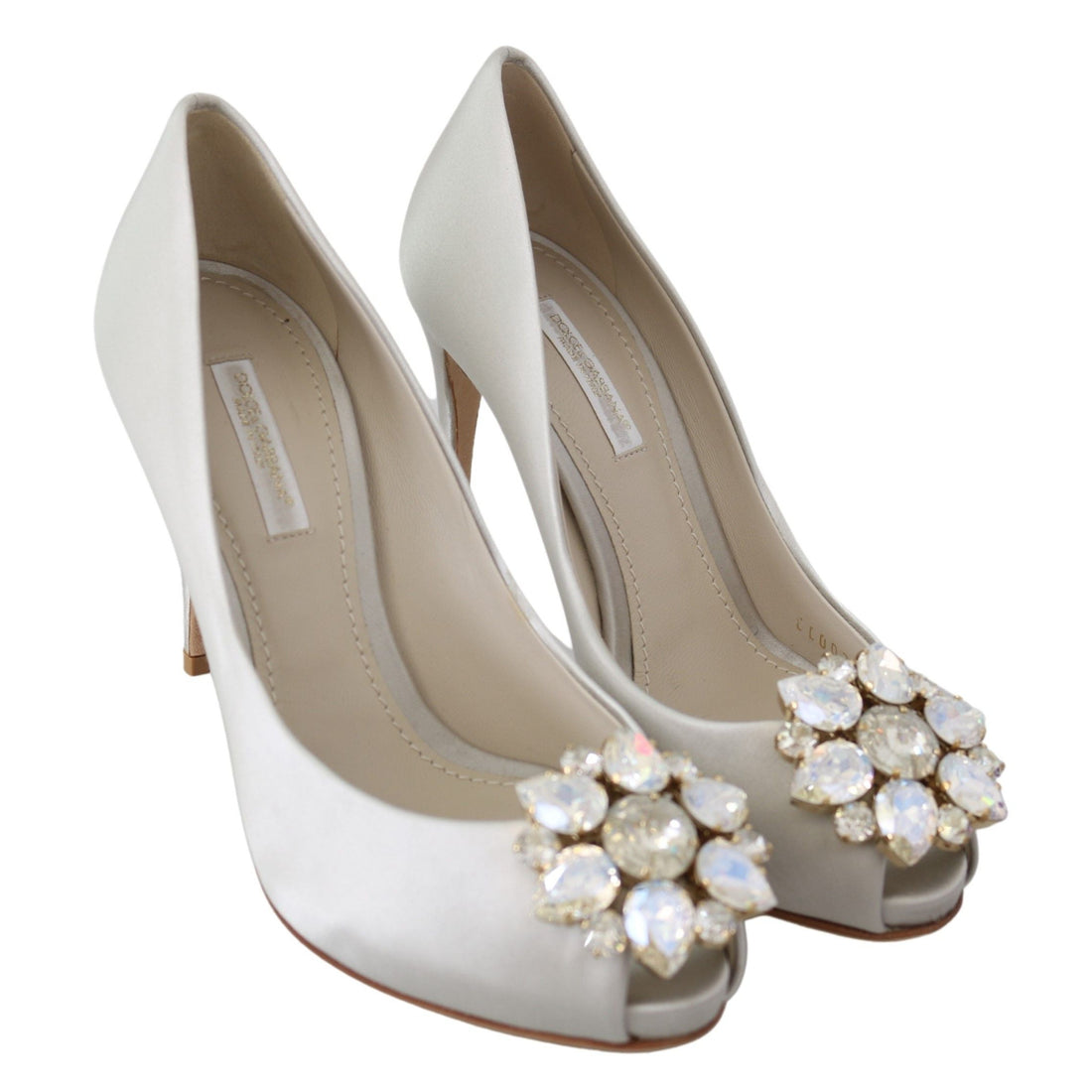 Dolce & Gabbana White Crystal Peep Toe Silk Blend Heels