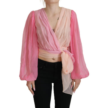 Dolce & Gabbana Pink Silk Wrap Long Sleeves Blouse Top