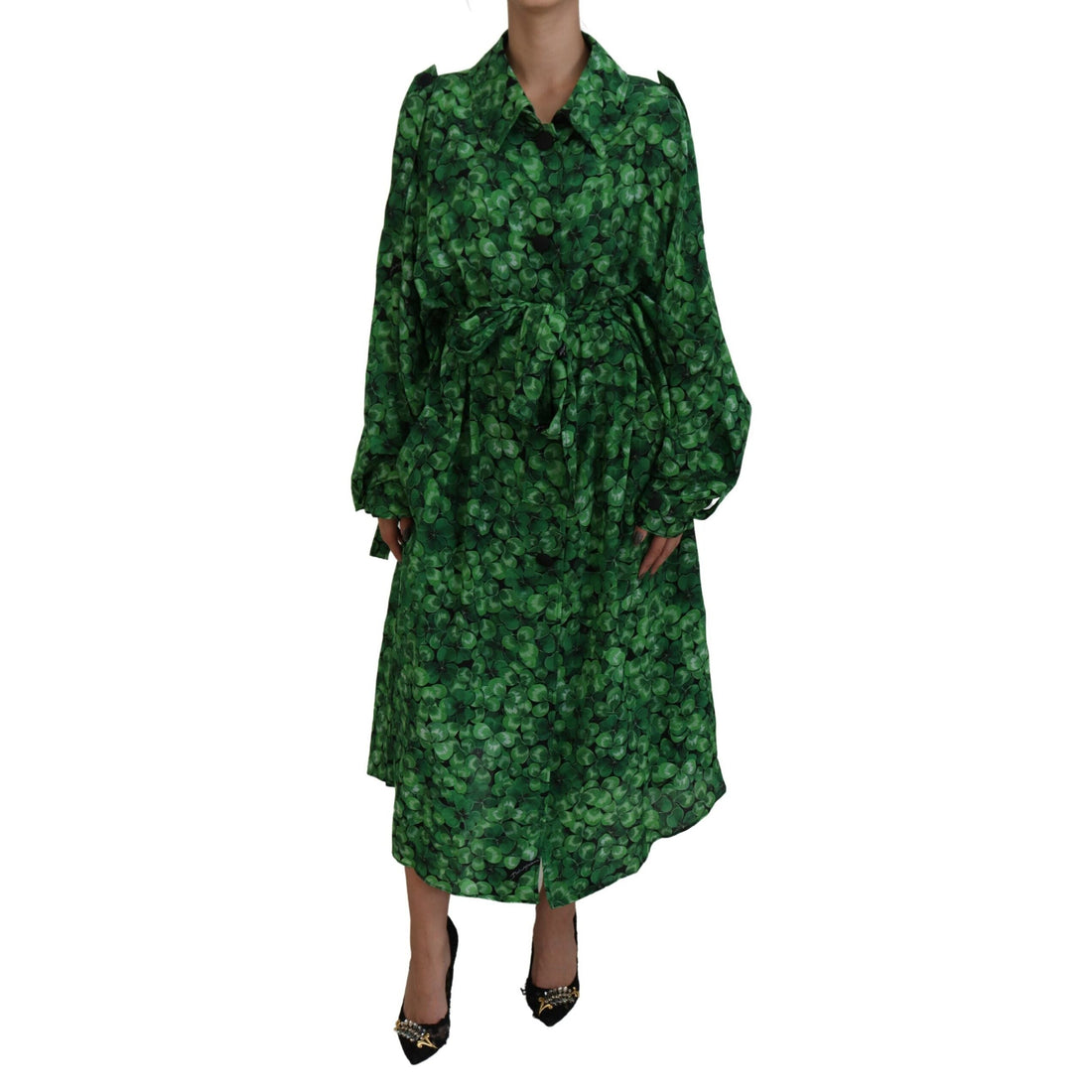 Dolce & Gabbana Silk Green Leaves Print Trench Jacket