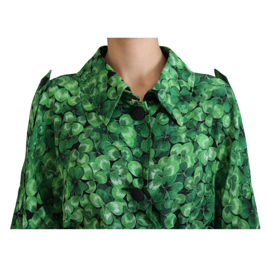 Dolce & Gabbana Silk Green Leaves Print Trench Jacket