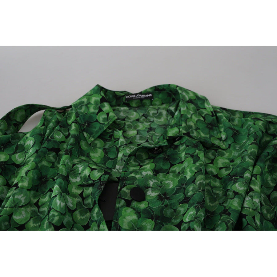 Dolce & Gabbana Silk Green Leaves Print Trench Jacket