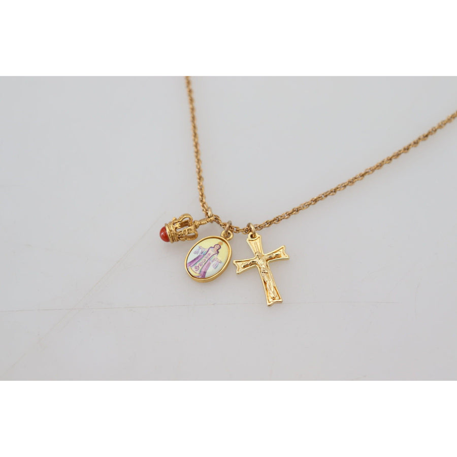 Dolce & Gabbana Elegant Gold Tone Charm Necklace with Cross Pendant