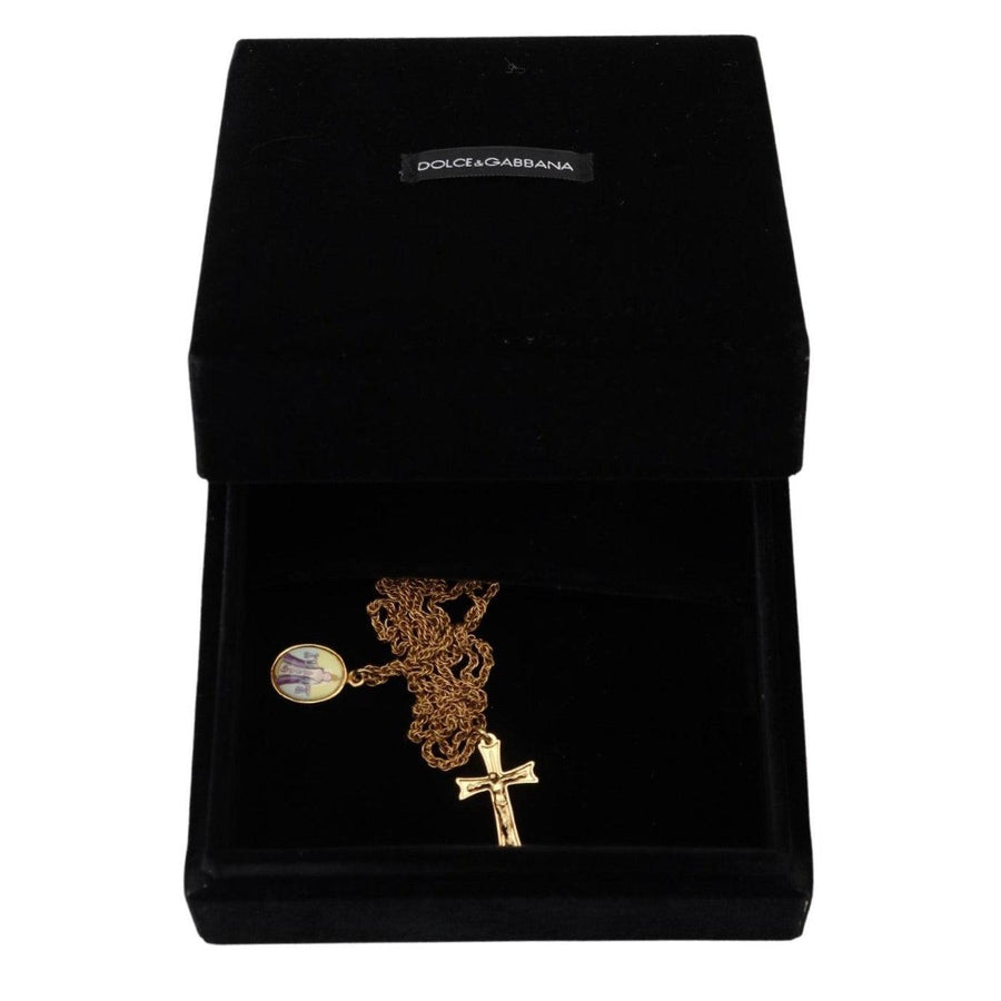 Dolce & Gabbana Elegant Gold Tone Charm Necklace with Cross Pendant