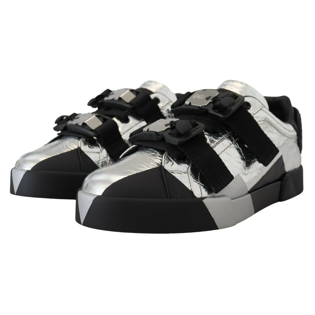 Dolce & Gabbana Exclusive Silver and Black Low Top Leather Sneakers