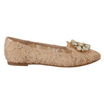 Dolce & Gabbana Elegant Beige Lace Vally Flats with Crystal Accent