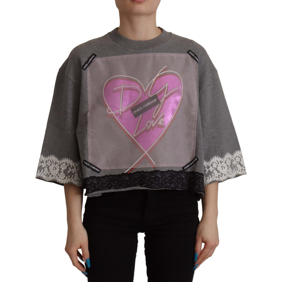 Dolce & Gabbana Chic Grey Cotton Heart Tee with Bell Sleeves