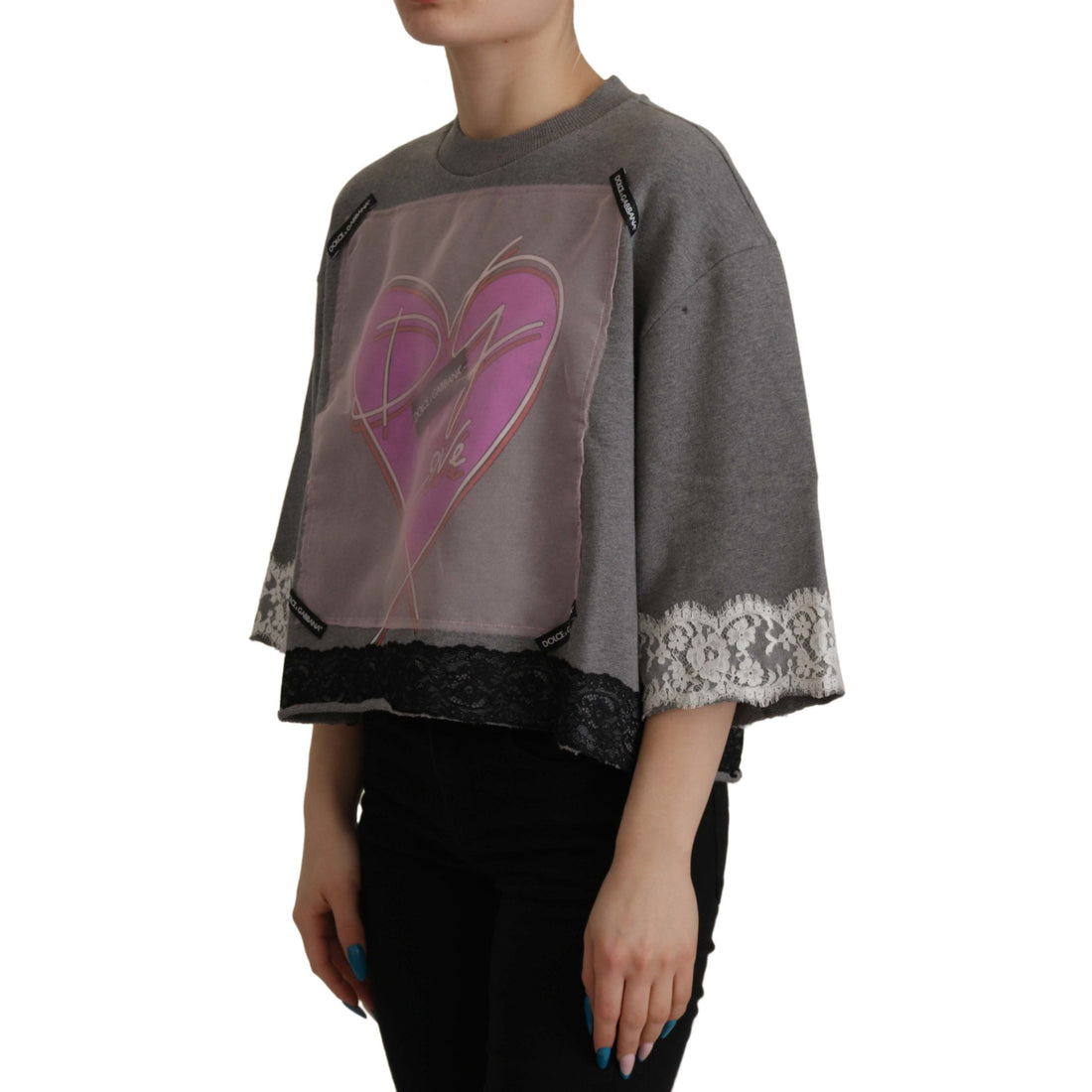 Dolce & Gabbana Chic Grey Cotton Heart Tee with Bell Sleeves