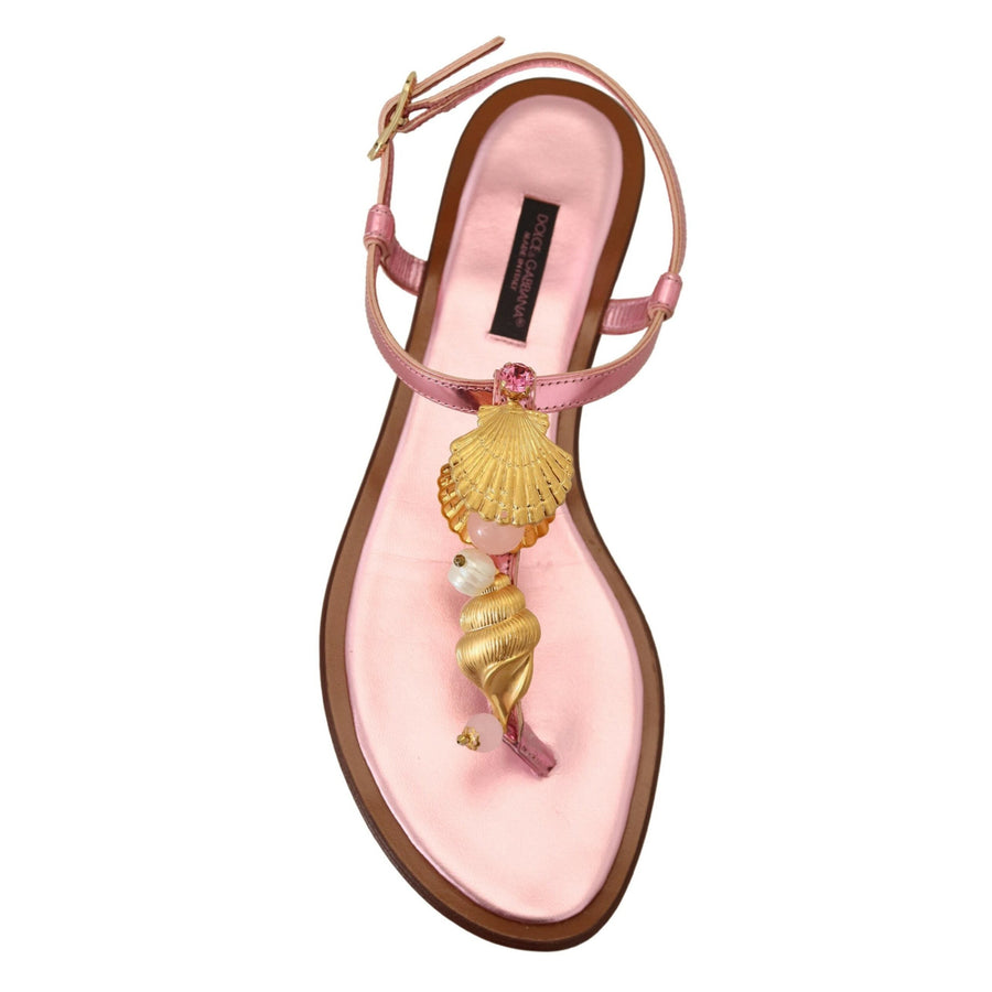 Dolce & Gabbana Chic Pink Leather Sandals with Exquisite Embellishment