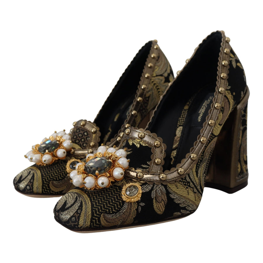 Dolce & Gabbana Gold Crystal Square Toe Brocade Pumps Shoes