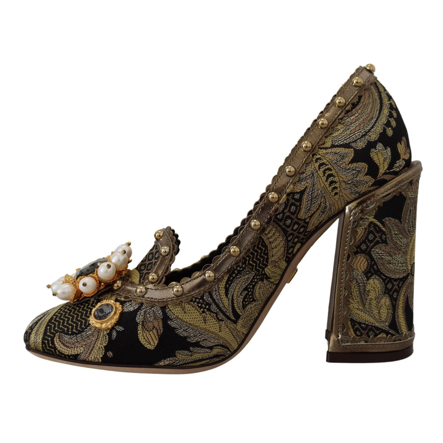 Dolce & Gabbana Gold Crystal Square Toe Brocade Pumps Shoes